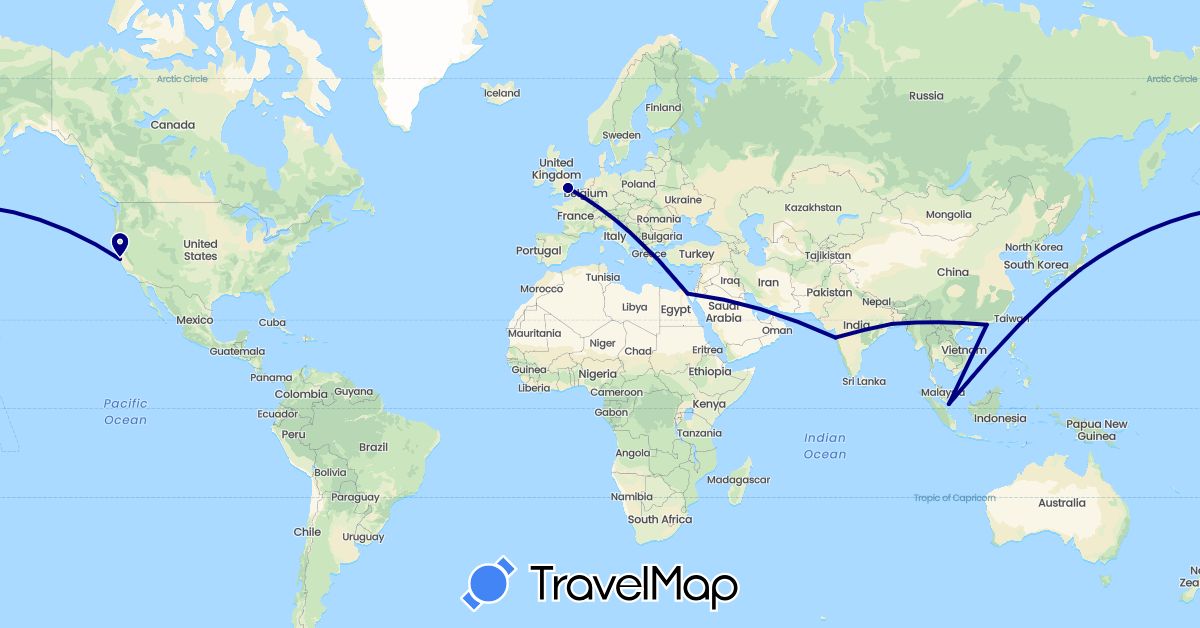 TravelMap itinerary: driving in China, Egypt, United Kingdom, India, Japan, Singapore, United States (Africa, Asia, Europe, North America)